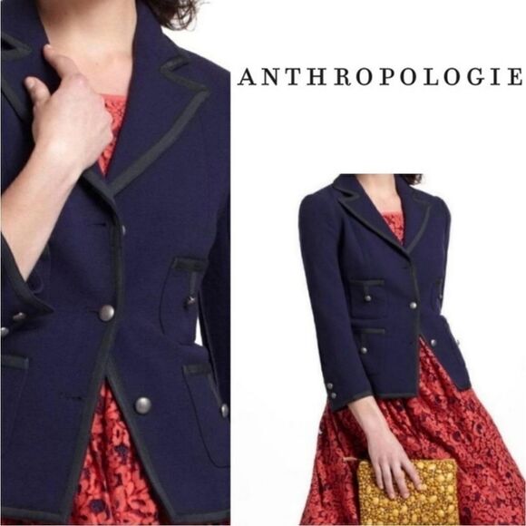 Anthro Cartonnier Windowpane Navy Blazer 12 - Picture 1 of 7